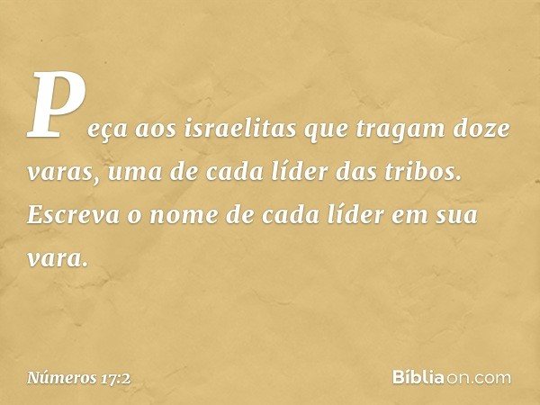 "Peça aos israelitas que tragam doze varas, uma de cada líder das tribos. Escreva o nome de cada líder em sua vara. -- Números 17:2