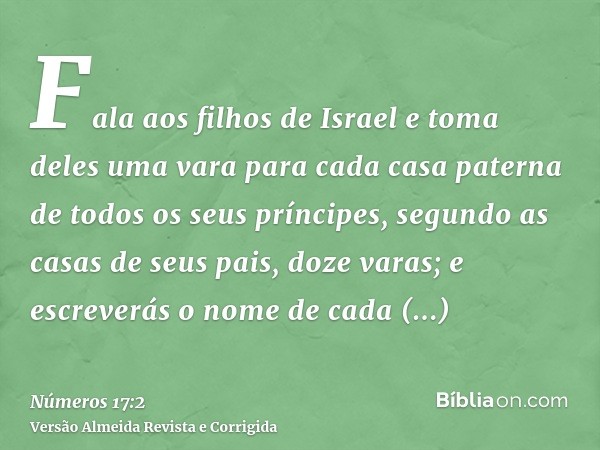 Fala aos filhos de Israel e toma deles uma vara para cada casa paterna de todos os seus príncipes, segundo as casas de seus pais, doze varas; e escreverás o nom