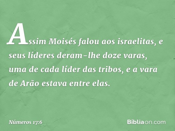 Assim Moisés falou aos israelitas, e seus líderes deram-lhe doze varas, uma de cada líder das tribos, e a vara de Arão estava entre elas. -- Números 17:6