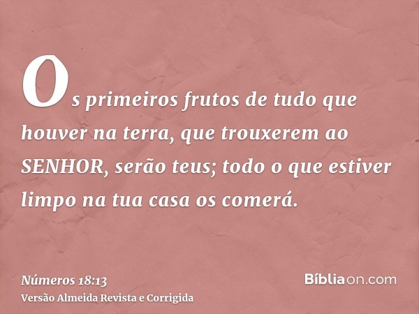 Os primeiros frutos de tudo que houver na terra, que trouxerem ao SENHOR, serão teus; todo o que estiver limpo na tua casa os comerá.
