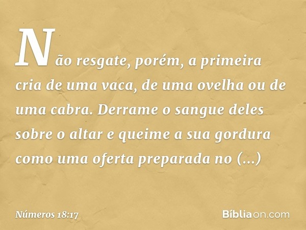 "Não resgate, porém, a primeira cria de uma vaca, de uma ovelha ou de uma cabra. Derrame o sangue deles sobre o altar e queime a sua gordura como uma oferta pre