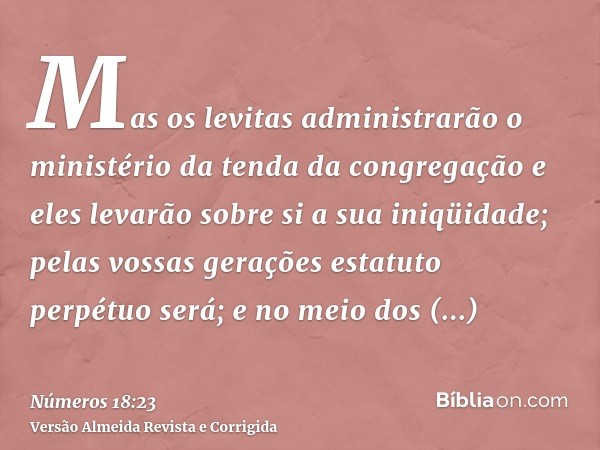Mas os levitas administrarão o ministério da tenda da congregação e eles levarão sobre si a sua iniqüidade; pelas vossas gerações estatuto perpétuo será; e no m