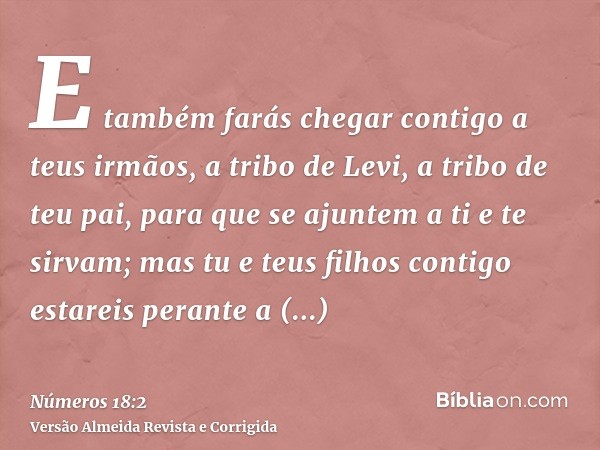E também farás chegar contigo a teus irmãos, a tribo de Levi, a tribo de teu pai, para que se ajuntem a ti e te sirvam; mas tu e teus filhos contigo estareis pe