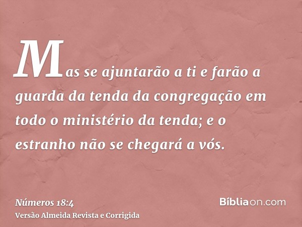 Mas se ajuntarão a ti e farão a guarda da tenda da congregação em todo o ministério da tenda; e o estranho não se chegará a vós.