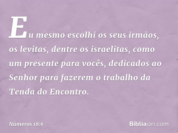 Eu mesmo escolhi os seus irmãos, os levitas, dentre os israelitas, como um presente para vocês, dedicados ao Senhor para fazerem o trabalho da Tenda do Encontro