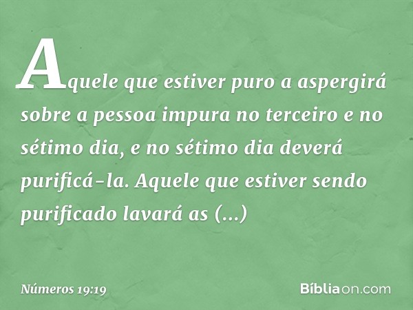 Aquele que estiver puro a aspergirá sobre a pessoa impura no terceiro e no sétimo dia, e no sétimo dia deverá purificá-la. Aquele que estiver sendo purificado l