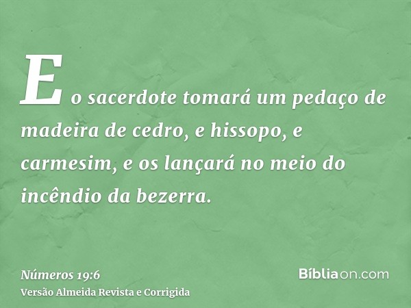 E o sacerdote tomará um pedaço de madeira de cedro, e hissopo, e carmesim, e os lançará no meio do incêndio da bezerra.
