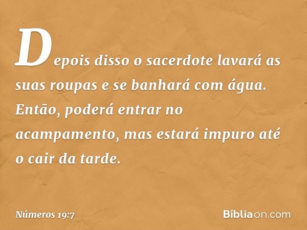 Depois disso o sacerdote lavará as suas roupas e se banhará com água. Então, poderá entrar no acampamento, mas estará impuro até o cair da tarde. -- Números 19: