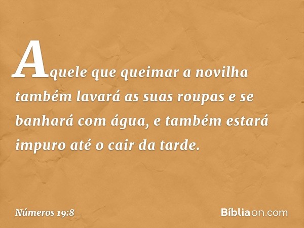 Aquele que queimar a novilha também lavará as suas roupas e se banhará com água, e também estará impuro até o cair da tarde. -- Números 19:8