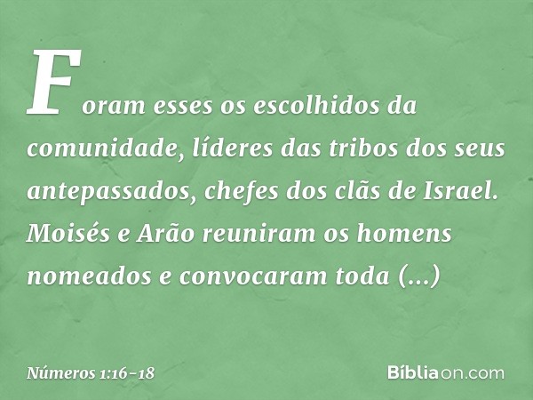 Foram esses os escolhidos da comunidade, líderes das tribos dos seus antepassados, chefes dos clãs de Israel. Moisés e Arão reuniram os homens nomeados e convoc