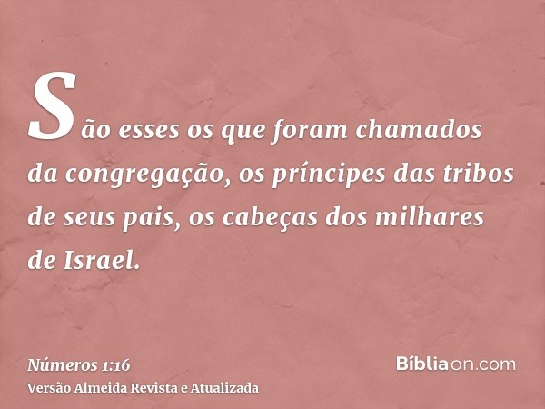 São esses os que foram chamados da congregação, os príncipes das tribos de seus pais, os cabeças dos milhares de Israel.