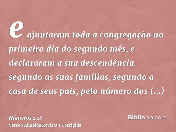 e ajuntaram toda a congregação no primeiro dia do segundo mês, e declararam a sua descendência segundo as suas famílias, segundo a casa de seus pais, pelo númer