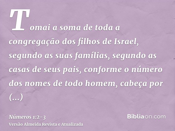 Tomai a soma de toda a congregação dos filhos de Israel, segundo as suas famílias, segundo as casas de seus pais, conforme o número dos nomes de todo homem, cab
