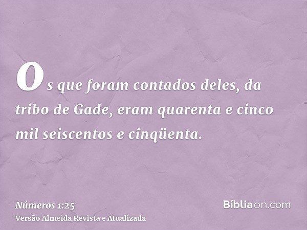 os que foram contados deles, da tribo de Gade, eram quarenta e cinco mil seiscentos e cinqüenta.