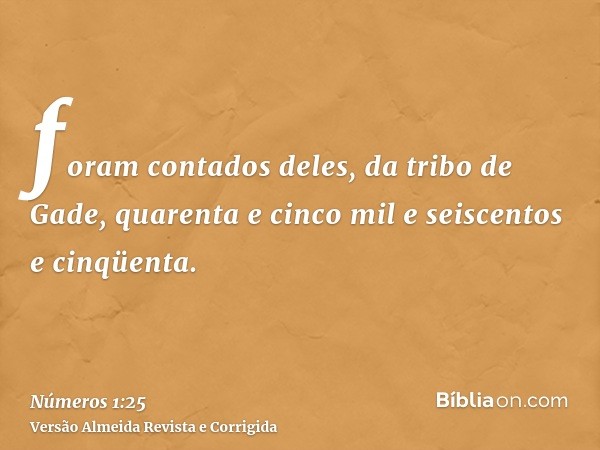 foram contados deles, da tribo de Gade, quarenta e cinco mil e seiscentos e cinqüenta.