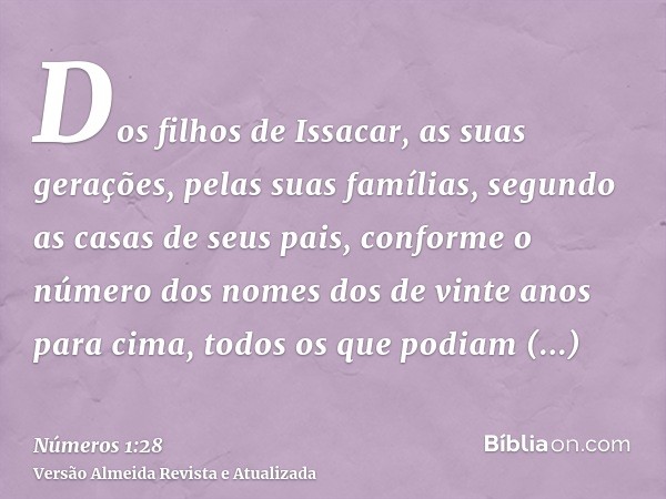 Dos filhos de Issacar, as suas gerações, pelas suas famílias, segundo as casas de seus pais, conforme o número dos nomes dos de vinte anos para cima, todos os q