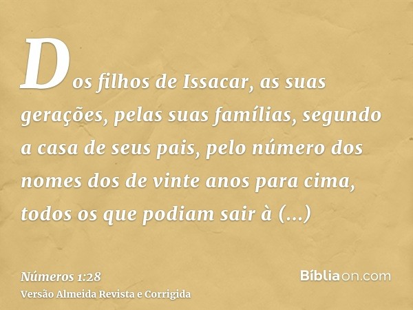 Dos filhos de Issacar, as suas gerações, pelas suas famílias, segundo a casa de seus pais, pelo número dos nomes dos de vinte anos para cima, todos os que podia