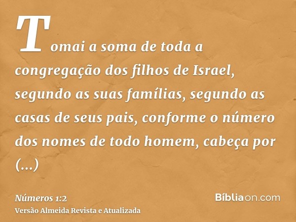 Tomai a soma de toda a congregação dos filhos de Israel, segundo as suas famílias, segundo as casas de seus pais, conforme o número dos nomes de todo homem, cab