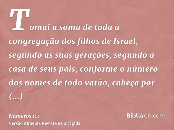 Tomai a soma de toda a congregação dos filhos de Israel, segundo as suas gerações, segundo a casa de seus pais, conforme o número dos nomes de todo varão, cabeç