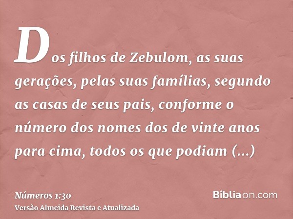 Dos filhos de Zebulom, as suas gerações, pelas suas famílias, segundo as casas de seus pais, conforme o número dos nomes dos de vinte anos para cima, todos os q