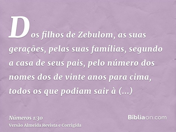 Dos filhos de Zebulom, as suas gerações, pelas suas famílias, segundo a casa de seus pais, pelo número dos nomes dos de vinte anos para cima, todos os que podia