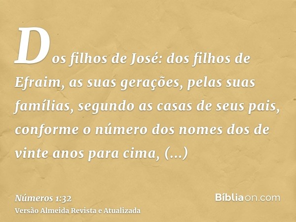 Dos filhos de José: dos filhos de Efraim, as suas gerações, pelas suas famílias, segundo as casas de seus pais, conforme o número dos nomes dos de vinte anos pa