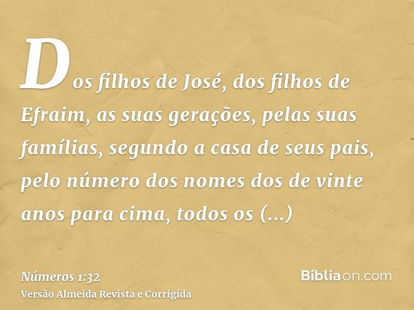 Dos filhos de José, dos filhos de Efraim, as suas gerações, pelas suas famílias, segundo a casa de seus pais, pelo número dos nomes dos de vinte anos para cima,