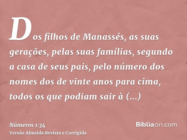 Dos filhos de Manassés, as suas gerações, pelas suas famílias, segundo a casa de seus pais, pelo número dos nomes dos de vinte anos para cima, todos os que podi