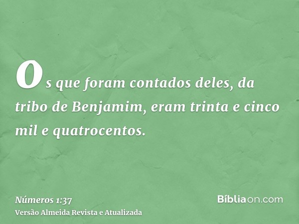 os que foram contados deles, da tribo de Benjamim, eram trinta e cinco mil e quatrocentos.