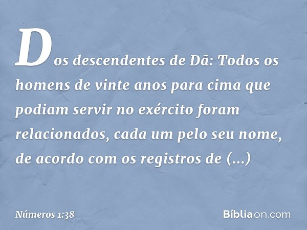 Dos descendentes de Dã:
Todos os homens de vinte anos para cima que podiam servir no exército foram relacionados, cada um pelo seu nome, de acordo com os regist