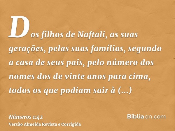 Dos filhos de Naftali, as suas gerações, pelas suas famílias, segundo a casa de seus pais, pelo número dos nomes dos de vinte anos para cima, todos os que podia