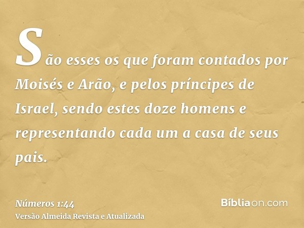 São esses os que foram contados por Moisés e Arão, e pelos príncipes de Israel, sendo estes doze homens e representando cada um a casa de seus pais.