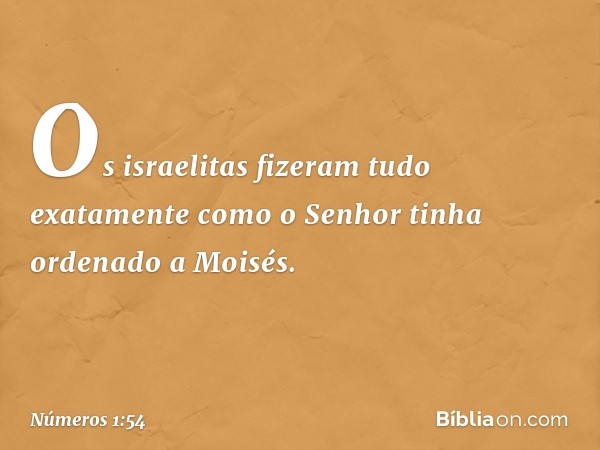 Os israelitas fizeram tudo exatamente como o Senhor tinha ordenado a Moisés. -- Números 1:54