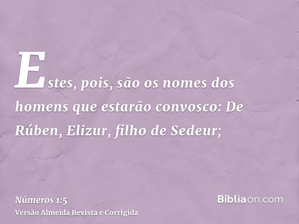 Estes, pois, são os nomes dos homens que estarão convosco: De Rúben, Elizur, filho de Sedeur;