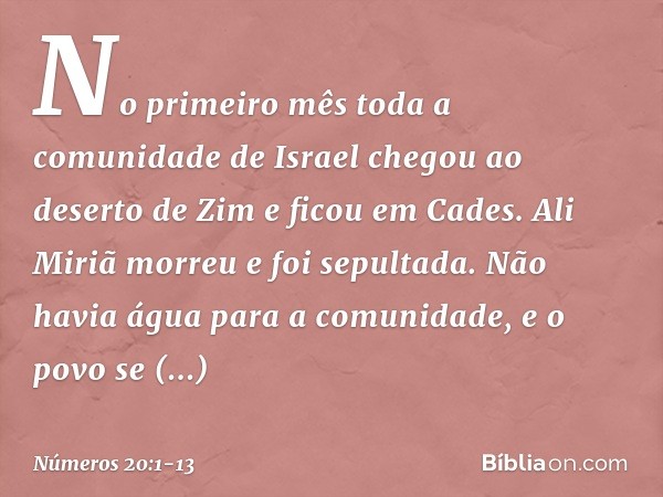 No primeiro mês toda a comunidade de Israel chegou ao deserto de Zim e ficou em Cades. Ali Miriã morreu e foi sepultada. Não havia água para a comunidade, e o p