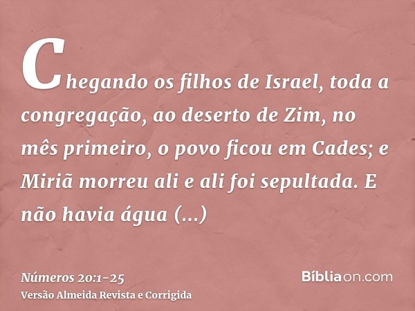 Chegando os filhos de Israel, toda a congregação, ao deserto de Zim, no mês primeiro, o povo ficou em Cades; e Miriã morreu ali e ali foi sepultada.E não havia 