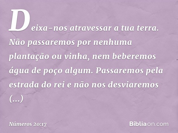 Deixa-nos atravessar a tua terra. Não passaremos por nenhuma plantação ou vinha, nem beberemos água de poço algum. Passaremos pela estrada do rei e não nos desv