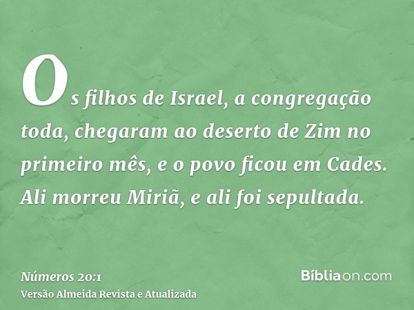 Os filhos de Israel, a congregação toda, chegaram ao deserto de Zim no primeiro mês, e o povo ficou em Cades. Ali morreu Miriã, e ali foi sepultada.