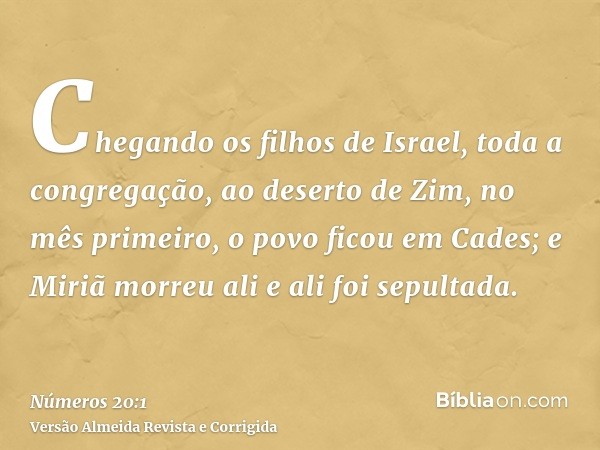 Chegando os filhos de Israel, toda a congregação, ao deserto de Zim, no mês primeiro, o povo ficou em Cades; e Miriã morreu ali e ali foi sepultada.