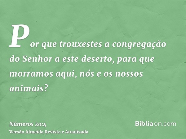 Por que trouxestes a congregação do Senhor a este deserto, para que morramos aqui, nós e os nossos animais?