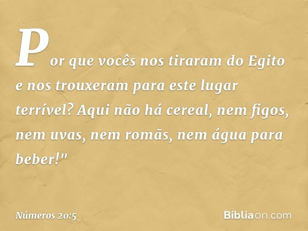 Por que vocês nos tiraram do Egito e nos trouxeram para este lugar terrível? Aqui não há cereal, nem figos, nem uvas, nem romãs, nem água para beber!" -- Número