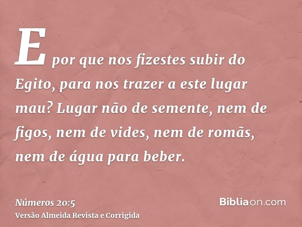 E por que nos fizestes subir do Egito, para nos trazer a este lugar mau? Lugar não de semente, nem de figos, nem de vides, nem de romãs, nem de água para beber.