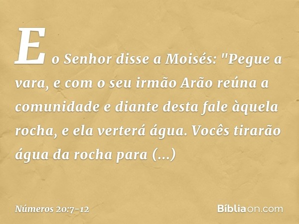 E o Senhor disse a Moisés: "Pegue a vara, e com o seu irmão Arão reúna a comunidade e diante desta fale àquela rocha, e ela verterá água. Vocês tirarão água da 