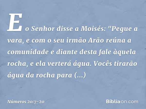 E o Senhor disse a Moisés: "Pegue a vara, e com o seu irmão Arão reúna a comunidade e diante desta fale àquela rocha, e ela verterá água. Vocês tirarão água da 