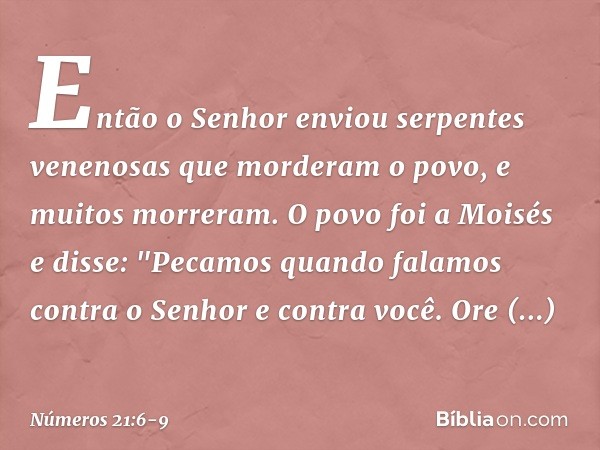 Então o Senhor enviou serpentes venenosas que morderam o povo, e muitos morreram. O povo foi a Moisés e disse: "Pecamos quando falamos contra o Senhor e contra 