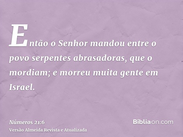 Então o Senhor mandou entre o povo serpentes abrasadoras, que o mordiam; e morreu muita gente em Israel.