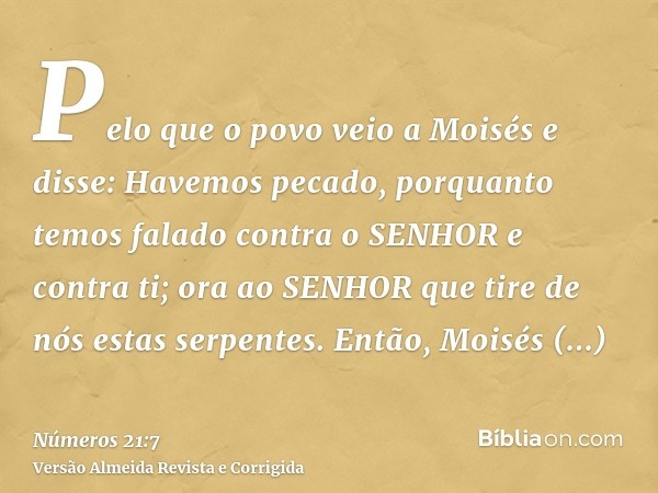 Pelo que o povo veio a Moisés e disse: Havemos pecado, porquanto temos falado contra o SENHOR e contra ti; ora ao SENHOR que tire de nós estas serpentes. Então,