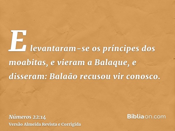 E levantaram-se os príncipes dos moabitas, e vieram a Balaque, e disseram: Balaão recusou vir conosco.