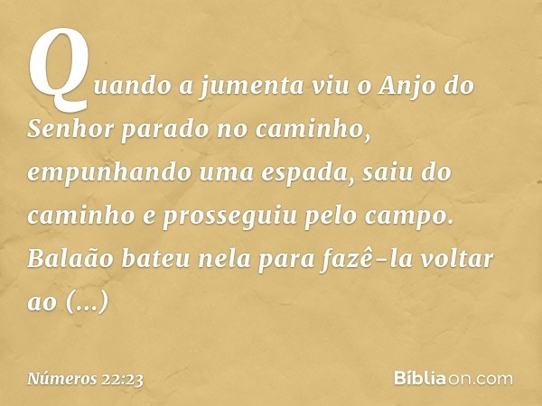 Quando a jumenta viu o Anjo do Senhor parado no caminho, empunhando uma espada, saiu do caminho e prosseguiu pelo campo. Balaão bateu nela para fazê-la voltar a