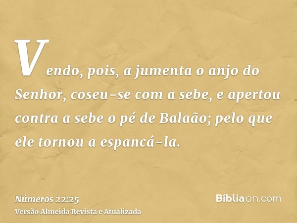 Vendo, pois, a jumenta o anjo do Senhor, coseu-se com a sebe, e apertou contra a sebe o pé de Balaão; pelo que ele tornou a espancá-la.